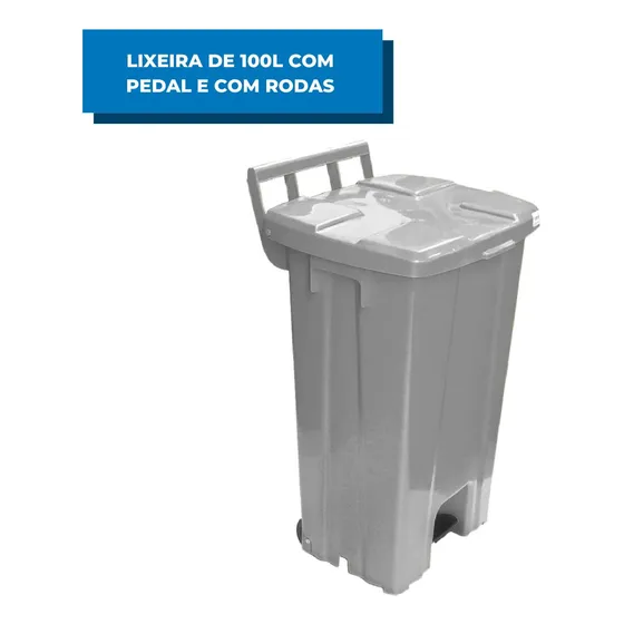 Lixeira 100 Litros Quadrada Cinza Plástico Com Rodas E Pedal