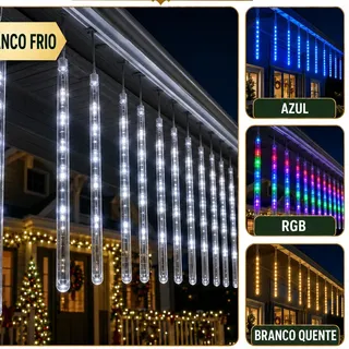Cascata Meteoro 50cm 8 Tubos Led 3 Metros Bastão Chuva IP65 Decoração Natal Festas Bivolt Cor Branco Frio Luvi