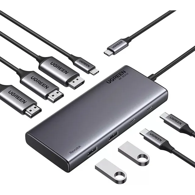 Hub Ugreen Revodok 4K 60 Hz Dp Hdmi USB-C 8 en 1 de triple pantalla, color gris oscuro