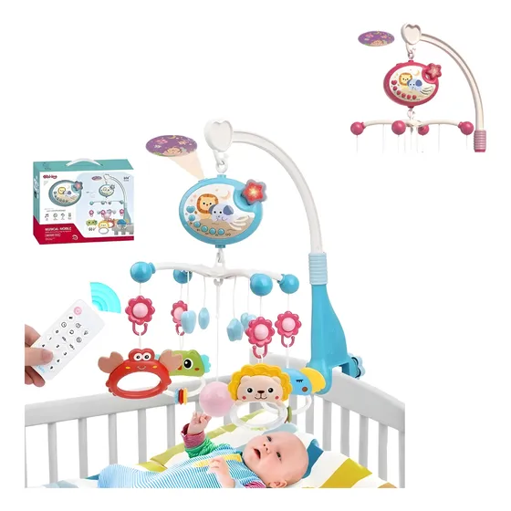 Brazo Móvil Musical Para Cuna Kiddos Sonajero Giratoria Proyector Con Mordederas Y Control Remoto Color Azul