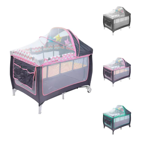 Cuna Corral Kiddos Bebé Multi-función Cambiador Puerta Lateral Mosquitero Bolsa Para Viaje, Almacenamiento Con Juguetes Colchón Plegable Cómoda Resistente y Segura Color Rosa