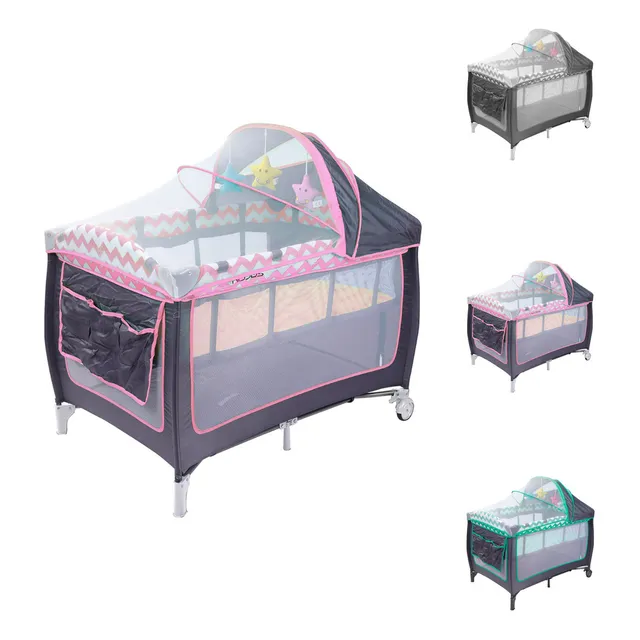 Cuna Corral Kiddos Bebé Multi-función Cambiador Puerta Lateral Mosquitero Bolsa Para Viaje, Almacenamiento Con Juguetes Colchón Plegable Cómoda Resistente y Segura Color Rosa