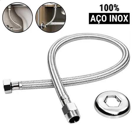Engate Flexível Mangueira Aço Inox Trançado 60cm Rápido Conexão 1/2 Polegadas Macho Fêmea Água Quente E Fria Cromado Banheiro Cozinha - Softinox Mangueira De Pia Cromada Brilhante