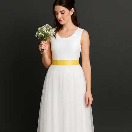 Vestido Juvenil Branco Faixa Amarelo Escuro Longo Dama 4072