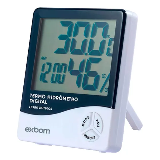 Termo Higrômetro Digital Sensor Externo Interno Medidor De Temperatura Umidade Ar E Relógio Digital Marca Casasonho Exbom FEPRO-MUT50