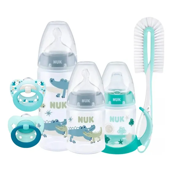 Set Recien Nacido Bebe Mamaderas Vaso Chupetes Cepillo Nuk Color Celeste Cocodrilo