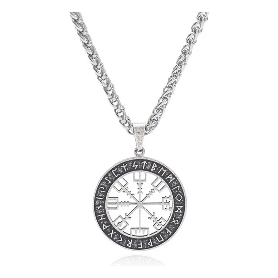 Collar Hombre Vegvisir Brújula De Runas Vikingas Acero Inox Color Plateado