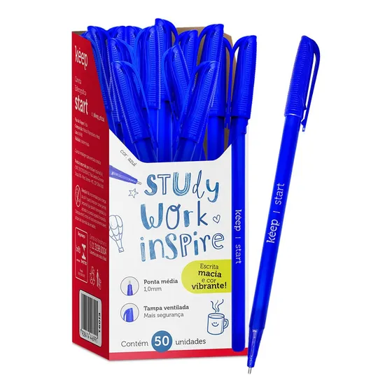 Bolígrafo de punta mediana, 1 mm, 50 unidades, Keep Ei091, color azul, color exterior azul