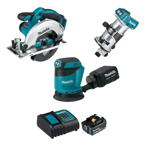 Makita DLX3165ST kit sierra circular lijadora orbital router inalambrico 18V color azul