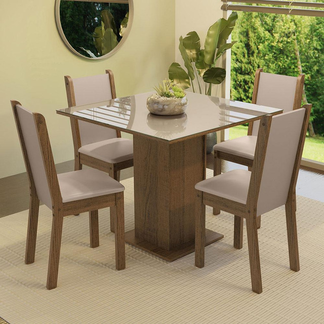 Sala De Jantar Mesa Tampo De Vidro 4 Cadeiras Tifani Madesa Cor Rustic/crema/sintético Beg... Sala De Jantar Mesa Tampo De Vidro 4 Cadeiras Tifani Madesa Cor Rustic/crema/sintético Beg...