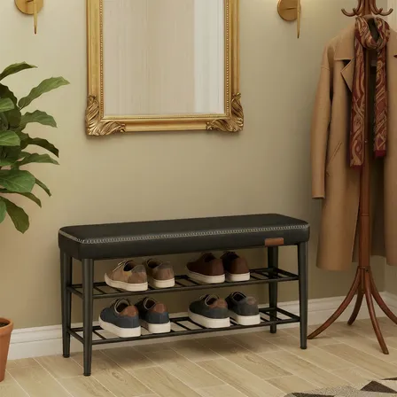 Banco Para Calçados Com Couro Sintético, Estilo Mid-century