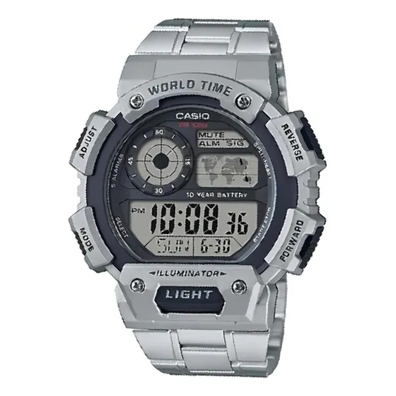 Reloj pulsera digital Casio AE-1400 con correa de acero inoxidable color gris - fondo beige - bisel negro