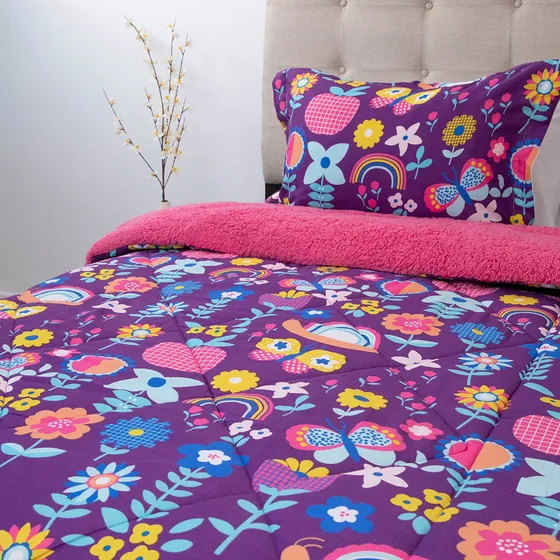 Plumón Estampado Infantil Flores Deluxe Sherpa Violeta Flores