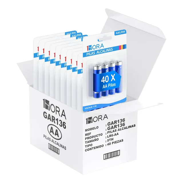 Pilas 1Hora GAR136 cilíndricas alcalinas AA pack 40 unidades