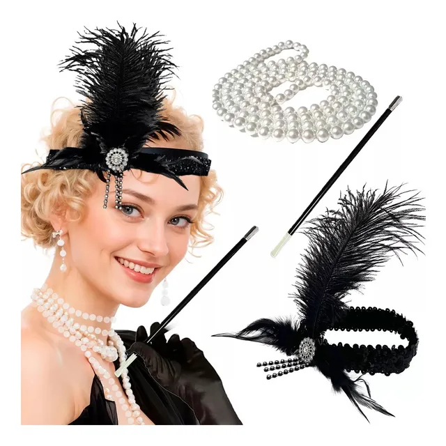 Kit Charleston Accesorios Diadema Pluma Negra Collar Pipa Color Negro Disfraz Mujer Sexy Halloween  Can Can Años 20 #westcol Westcol