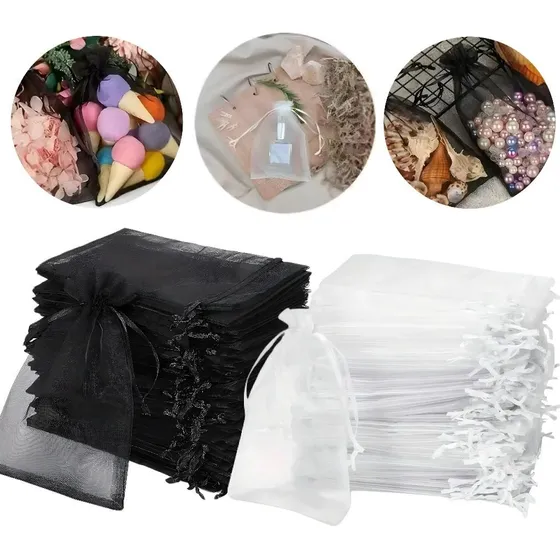 Kit 50 Un Saco Saquinho Organza Tule Festas 7x9 Preto Branco