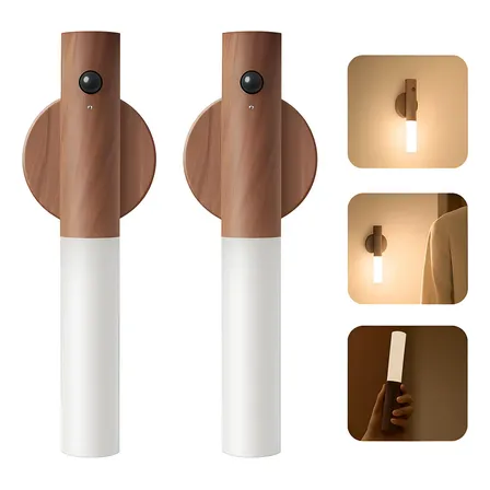 Kit 2 Luminária Recarregável Luz Led Sensor Presença Madeira 127/220v Marrom