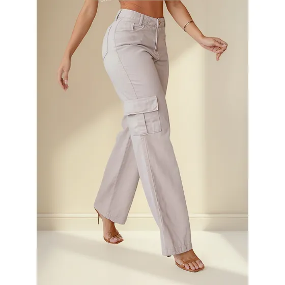 Calça Wide Leg Cargo Com Bolsos Lateral Perna Larga  3 Cores