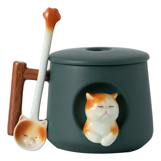 Taza De Café De Cerámica Con Tapa Y Cuchara A Juego, Taza