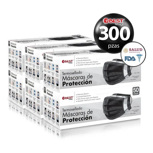 Best Trading cubrebocas negro 300 piezas desechable termosellado tricapa con ajustador nasal oculto y tecnología ligera de filtrado efectivo