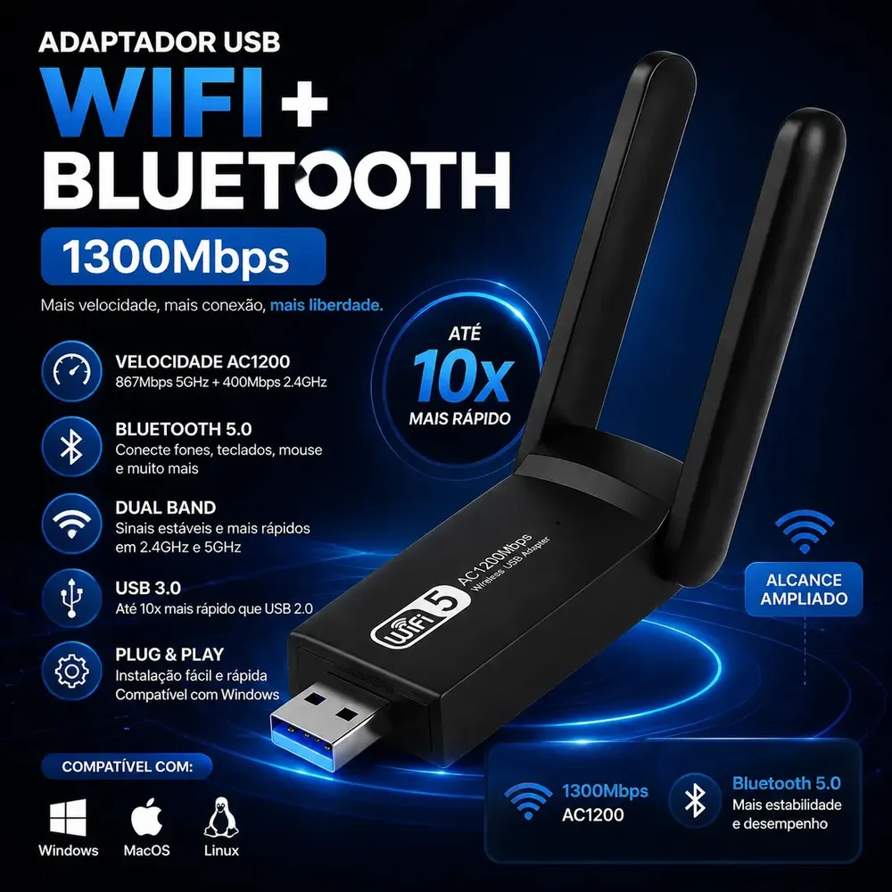 Adaptador Wifi Usb 3.0 Computador Pc Notebook Jogos Dual Band 5ghz Placa De Rede Wifi Gigabit Alta Velocidade Estavel 1300Mbps Adaptador Ethernet Usb Rj45 2 Antenas Compatível C/ Mac Windows Linux