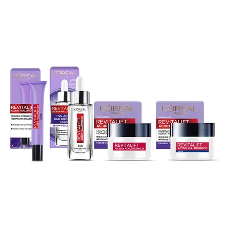 Kit Ácido Hialurónico L'Oréal Paris Serum Facial + Crema Hidratante de Día + Contorno de Ojos + Crema Hidratante de Noche