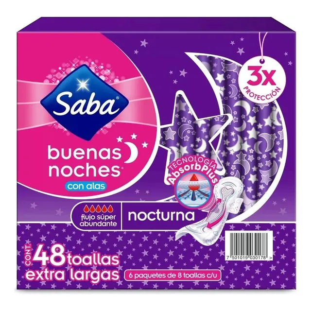 Toallas Femeninas Saba Buenas Noches Nocturna C/alas 48 Pzs