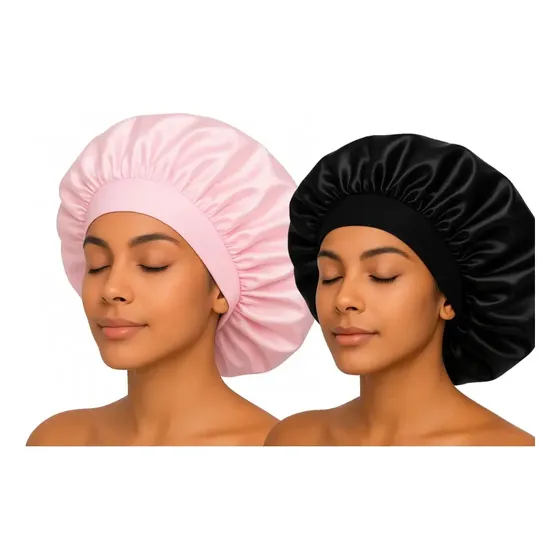Kit 2 Touca De Cetim Com Faixa Anti Frizz Hidratação Luxo Rosa/preto Cetim Simples
