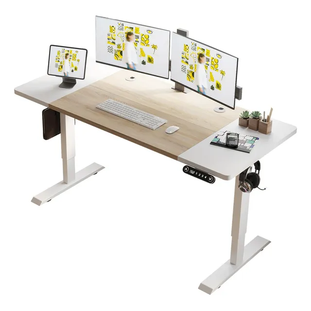 Escritorio Ajustable Altura Electrico Minimalista Heonam A63T mdf de 160cm x 69cm x 76cm Marrón Claro y Blanco