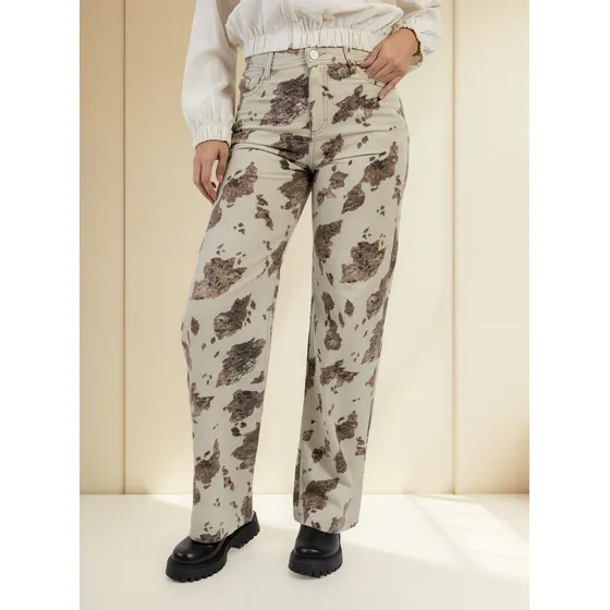 Jean Ancho Wide Leg Estampado Vaca Beige Cow Talles