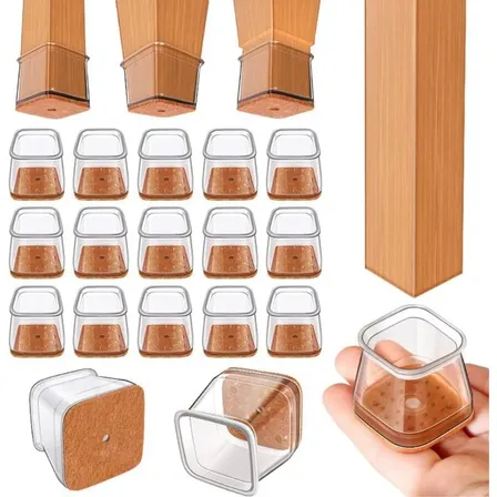 16 Protetores Pé Cadeira Silicone Quadrado Feltro Silencioso Transparente