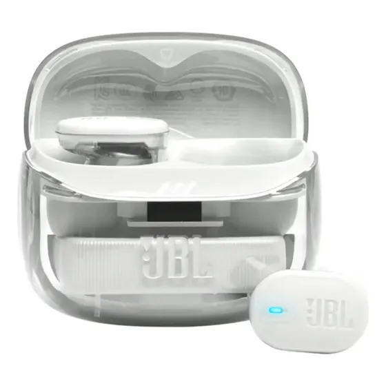 Auriculares JBL Tune Buds 2 inalámbricos con cancelación de ruido, sonido espacial, tecnología ambiental y 6 micrófonos, color blanco translúcido.