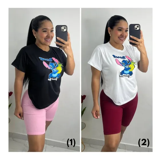 Conjunto Biker Y Franela Estampada Stitch Dama Talla Única