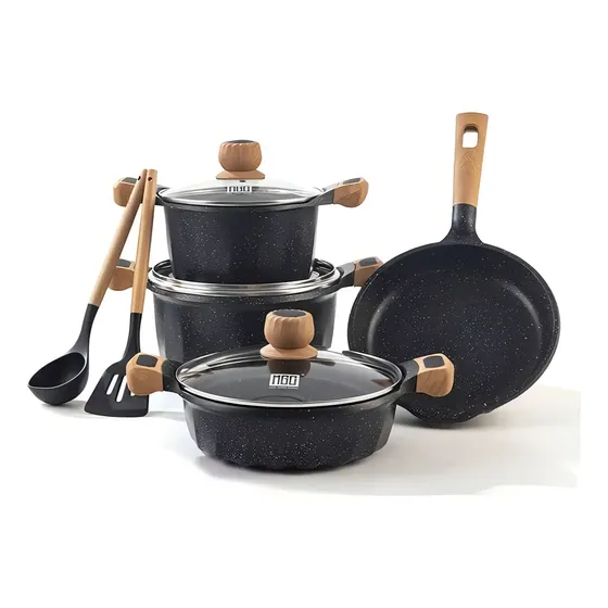 Juego De Olla Roca Volcanica Antiadherente 9pcs 100% Ecolog. Color Negro | Cuotas sin interés