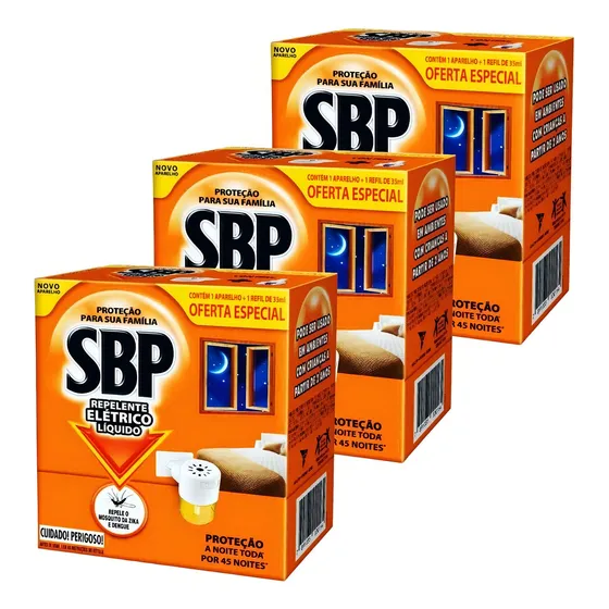 Kit Repelente Elétrico Sbp 45 Noites C/ 3 Aparelho + 3 Refis