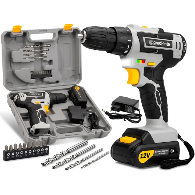 Parafusadeira Furadeira Sem Fio A Bateria 12V 3/8 Pol. 10mm Gradiente Profissional Com Maleta Brocas e Bits Parafusadeira Furadeira Sem Fio A Bateria 12V 3/8 Pol. 10mm Gradiente Profissional Com Maleta Brocas e Bits