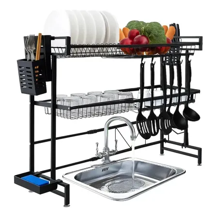 Escorredor De Louça Suspenso Aço Inox 2 Andares 65cm Com Porta Copos E Talheres 2 Camadas 65cm
