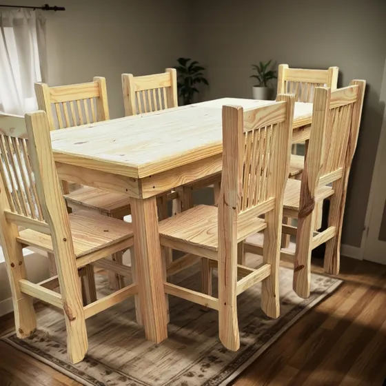 Juego Comedor Mesa + 6 Sillas Madera Pino