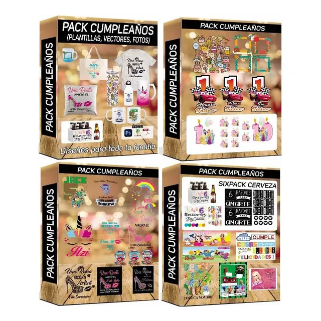 Pack Diseños Cumpleaños Sublimados Stickers Toppers Taza