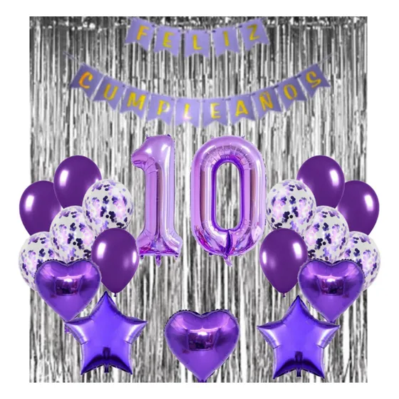Combo Deco Globos Plata/violeta + 2cortinas + Números 70cm Color Plateado Y Violeta
