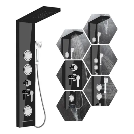 Columna De Ducha 5 Funciones 129x22cm 3 Jets Negro Brillante
