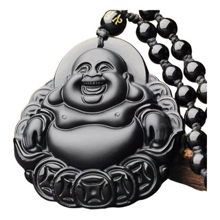Collar Cadena Buda Sonriente Dije Obsidiana Joyería Amuleto Collar Cadena Buda Sonriente Dije Obsidiana Joyería Amuleto
