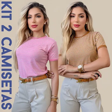 Kit 2 Camisetas Femininas Listrada Manga Curta P Ao Gg Verão