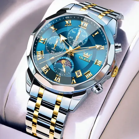 Olevs Relógio Masculino Original Luxo Aço Quartzo 3675 Prateado Azul
