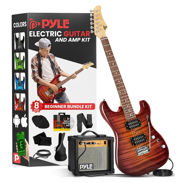 Pyle Guitarra Eléctrica con Amplificador Madera Maciza Incluye Accesorios Ideal para Principiantes Tamaño Completo Humbucker 3 Vías Rojo Madera