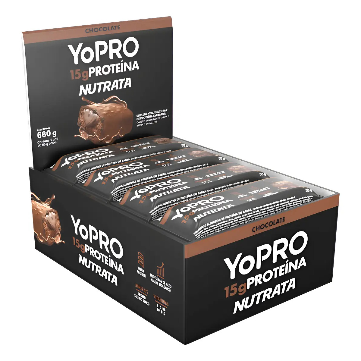 Barra De Proteína Yopro Cx 12 Un Nutrata Sabor Chocolate Chocolate