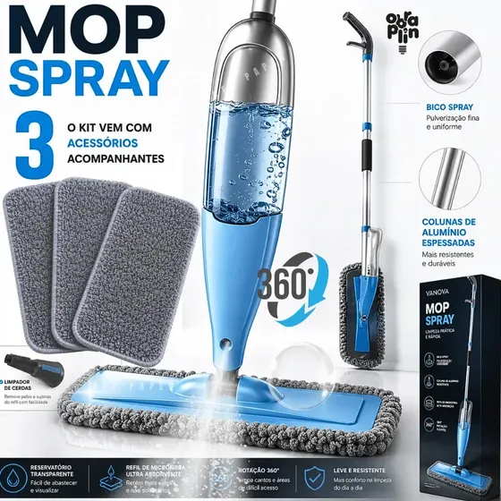 Mop Spray 360 Reservatório 800ml Cabeça Giratória 360 Microfibra Lavável 3 Panos Cabo De Alumínio Le