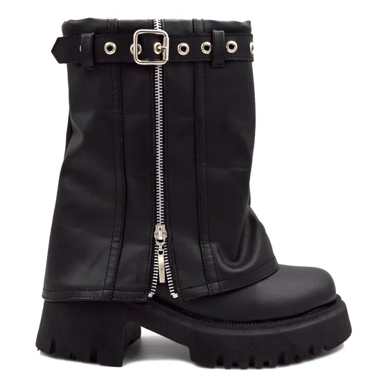 Botas Mujer Botitas Cuello Solapa Tachas Eco Cuero Caña Alta