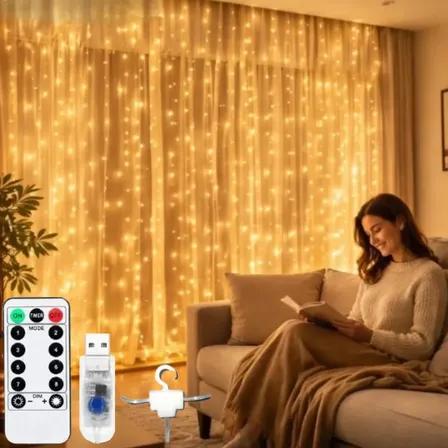 Cortina LED Amarela 3x3m para Decoração de Festas e Eventos com 300 Luzes Bivolt