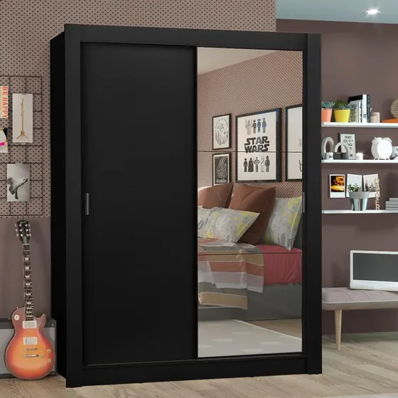 Guarda Roupa Denver Madesa Solteiro Armário Quarto 2 Port Correr Espelho P Cor Preto 10948N1E